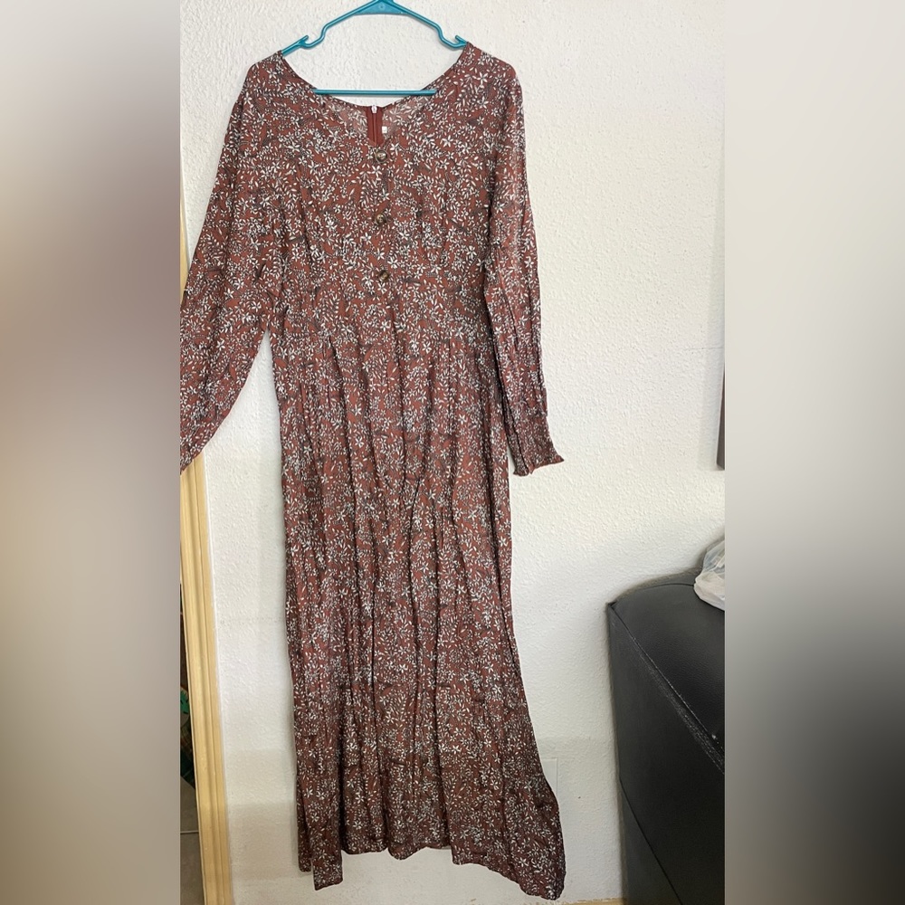 Long floral burgundy dress.